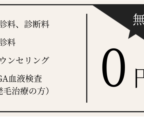 初診料、診断料０円　再診料０円　カウンセリング０円　AGA血液検査(発毛治療の方)０円　無料